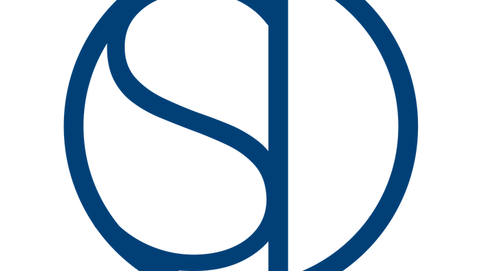 Et blå logo med initialerne 