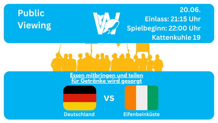 Öffentliches Public-Viewing-Event zum Fußballspiel Deutschland gegen Irland mit gemeinsamem Essen und Getränken am 20. Juni.