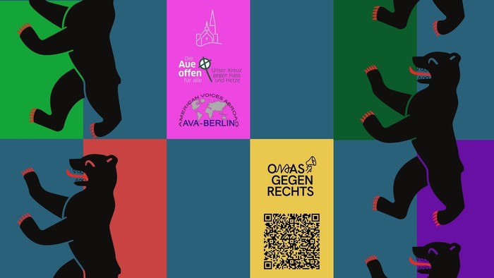 Buntes Raster mit Berlin-Bär-Silhouetten, Anti-Rassismus-Logos und einem QR-Code für *„Omas gegen Rechts“*.