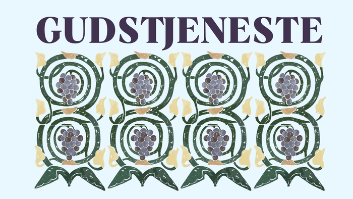 Gudstjeneste med blomsterdekorative og skrift i øverste del