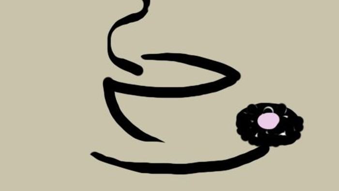 En sort tegning af en kaffekop med en lille rosa blomst på siden