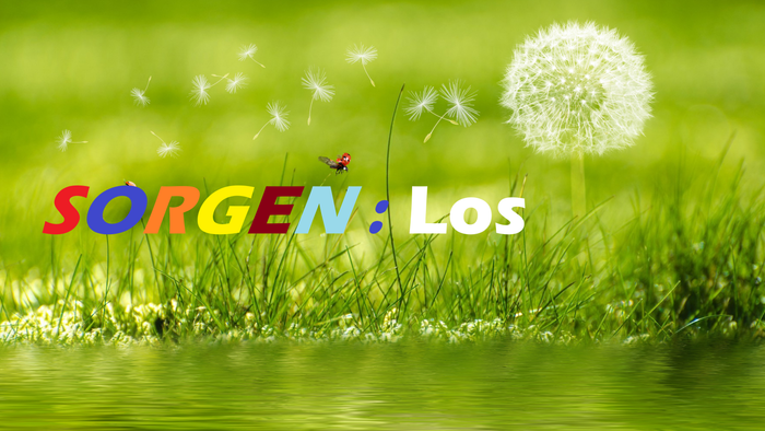 Ein lebendiges grünes Feld mit Löwenzahn, der Samen freisetzt, und bunter Schrift mit dem Text „SORGEN: Los“.