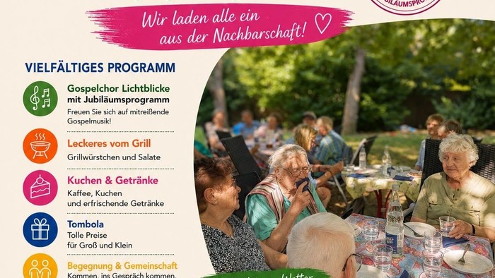Einladungsplakat zum 20-jährigen Jubiläum des Nachbarschafts-Sommerfestes mit Essen, Spielen und Gemeinschaftsaktivitäten.