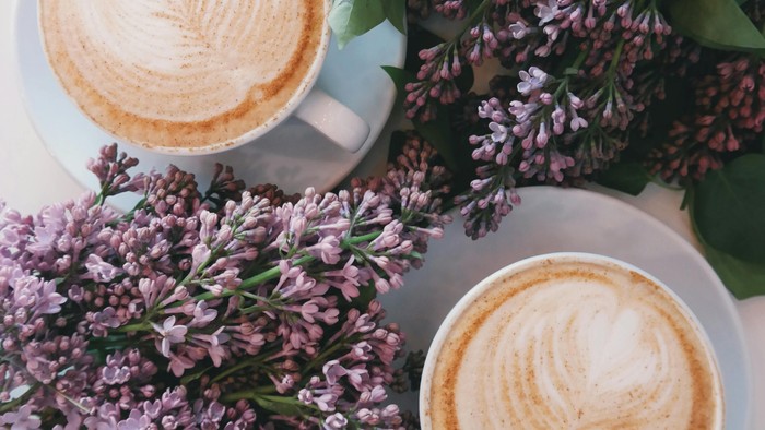 To drikkebekærer med lattekunst og lilleblomst.