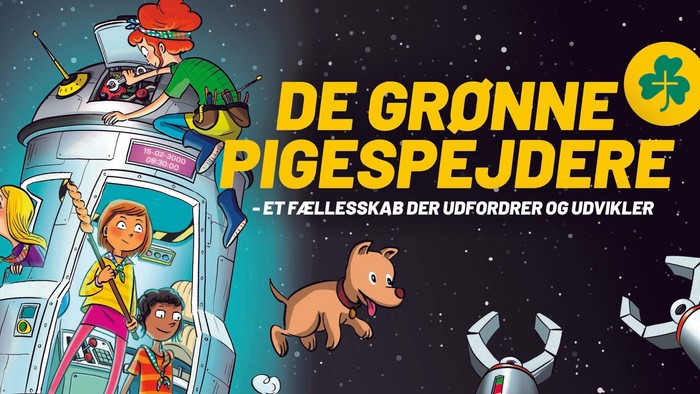 En farverig animation af et rumfartøj med figurer og robotter i rummet