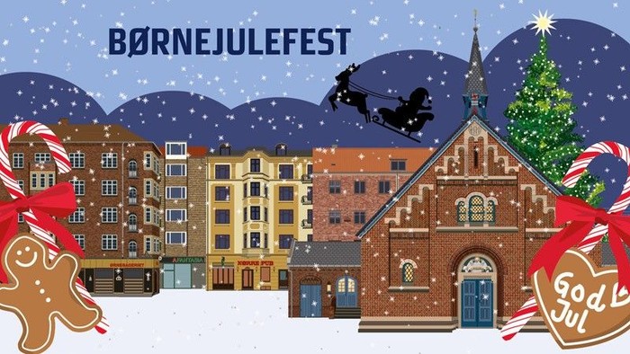 Børnejulefest med julehuse og julenisser i snefuld by