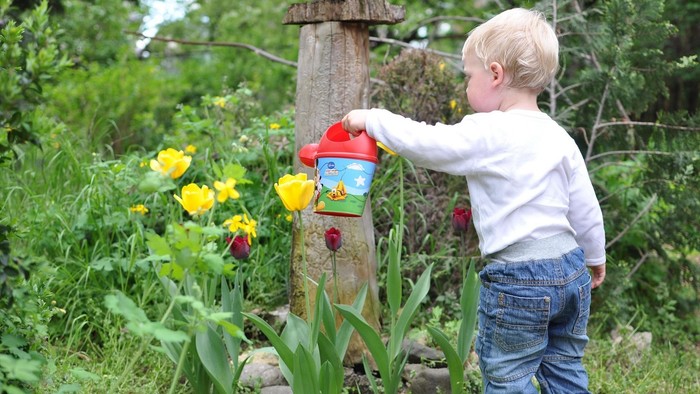 Ein kleines Kind interagiert mit einem bunten Vogelhäuschen, umgeben von blühenden Blumen in einem Garten.