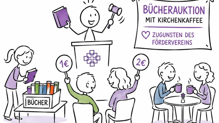 Illustration im freundlichen Strichmännchen- und Skizzenstil: In einem kirchlichen Gemeinderaum findet eine Bücherauktion statt. Eine Person am Rednerpult hält ein Buch und einen Auktionshammer hoch, während Besucherinnen und Besucher Gebote abgeben. Link