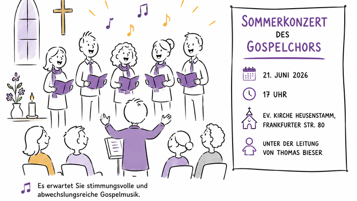 Illustration im freundlichen, handgezeichneten Strichmännchen-Stil: Ein Gospelchor singt in einer Kirche vor Publikum, während eine Chorleitung den Auftritt dirigiert. Farbige Musiknoten, violette Akzente und ein schlicht gestaltetes Konzertplakat mit Inf