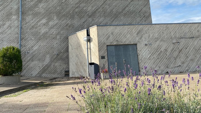 Lilla blomster i en krukke foran en kirke.