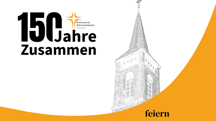 „Gedenken an 150 Jahre mit einer Grafik zur Gemeindefeier und einer Kirchturm-Illustration.“