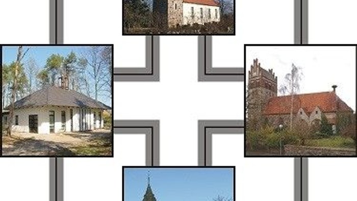 Eine Collage aus vier verschiedenen historischen europäischen Kirchengebäuden mit unterschiedlichen architektonischen Stilen und Designs.
