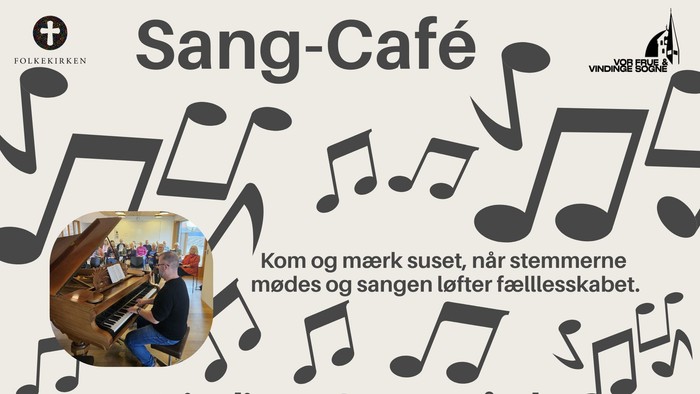 Plakatannoncering for en musikcafé-arrangement med sang og kaffe på Vindinge Sognegaard på bestemte datoer.