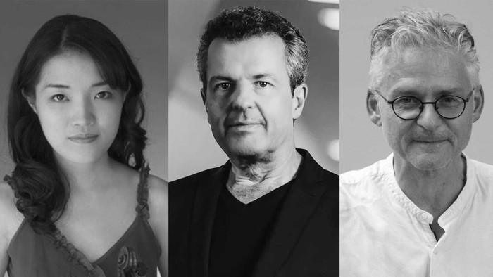 Drei Schwarz-Weiß-Porträts von Personen, vermutlich Schauspieler oder Regisseure, mit markanten Gesichtszügen und Ausdrücken.