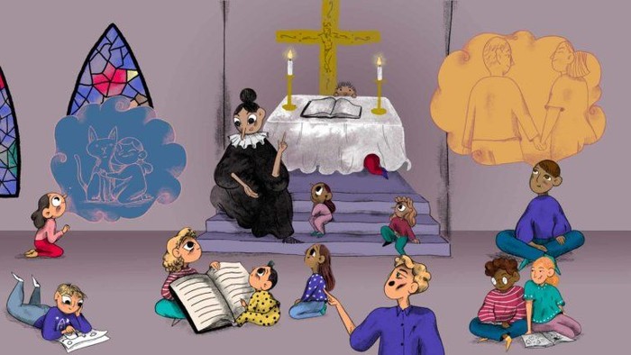 Barnene sidder i kirke og lytter til præsten.