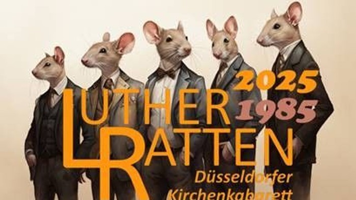 Zeichentrickratten in Anzügen feiern 2025 das 40-jährige Jubiläum von Luther Ratten für das Düsseldorfer Kirchenkabarett.