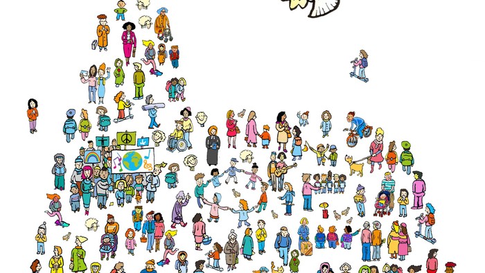 Viele bunte Menschen in einer Gruppe, ein Vogel und ein Globus in der Mitte