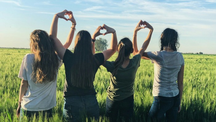 Vier Freunde auf einem Feld, die mit den Händen Herzformen machen.