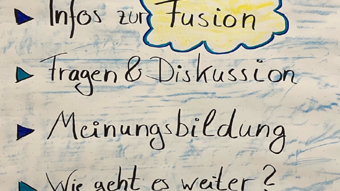 Handschriftliche Agenda-Folie mit Diskussionsthemen zur Fusion, Fragen, Meinungen und nächsten Schritten im Meeting-Format.