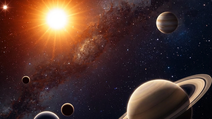 Planeten wie Saturn, Jupiter, Mars, dahinter die links die Sonne
