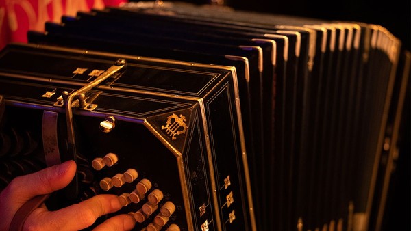 Eine Hand spielt Akkordeon mit goldenen Akzenten