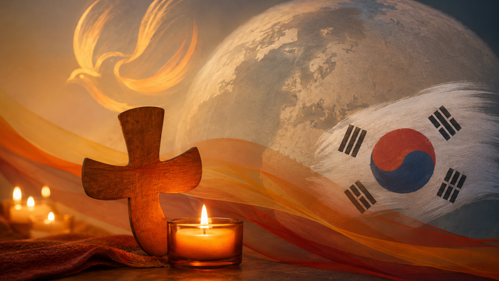 Atmosphärische, fotorealistische Grafik mit christlicher Symbolik und südkoreanischem Bezug: Vor einem angedeuteten Mond und einem Hintergrund in warmen Orange- und Blautönen stehen ein hölzernes Kreuz und eine brennende Kerze. Darüber schwebt stilisiert 