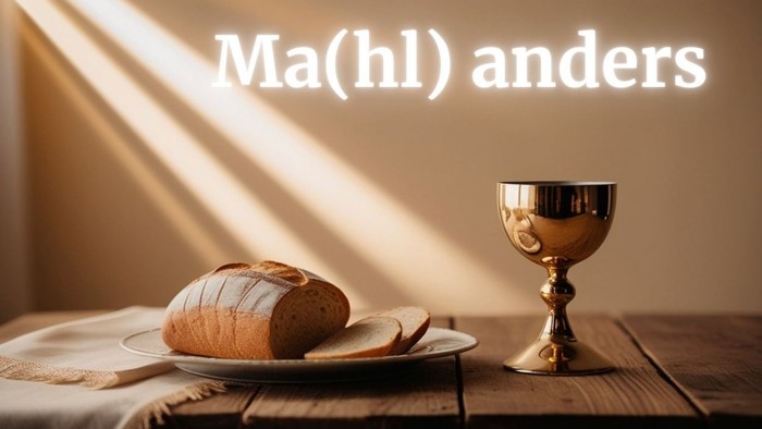 Heiliges Brot und Kelch auf einem Holztisch mit warmem, natürlichem Licht und dem Text „Ma(hl) anders“ darüber.