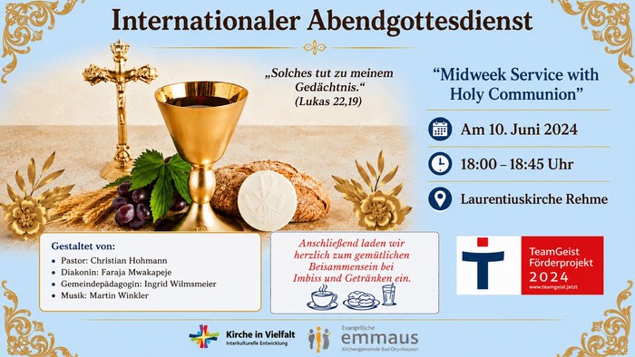 Internationale Mittwochs-Holy-Communion-Gottesdienstankündigung mit Details und Teilnehmenden für den 10. Juni 2024.