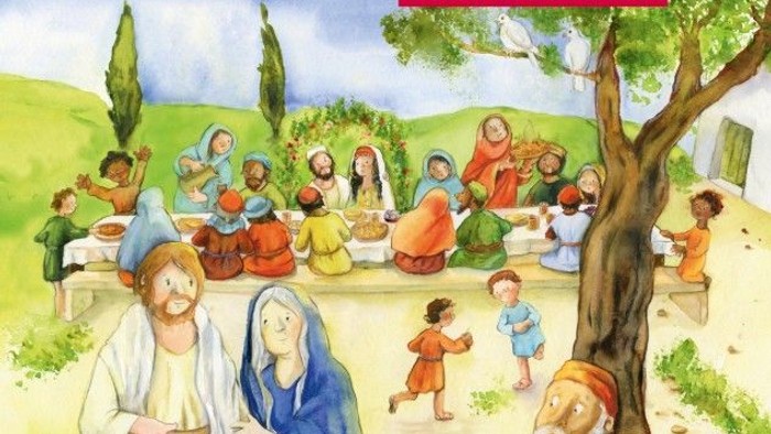 Illustriertes Kinderbuchcover, das Jesus zeigt, wie er während einer Erstkommunionsfeier ein festliches Mahl mit Jüngern und Dorfbewohnern teilt.