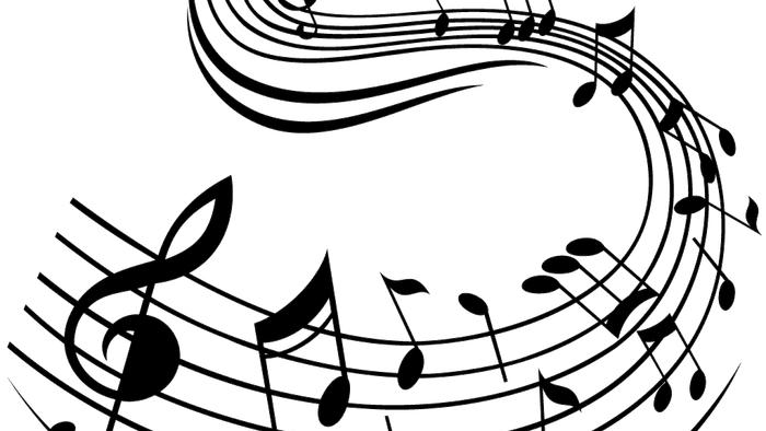 Billedet viser noter og musiske symboler i en cirkelformet mønster på sort baggrund