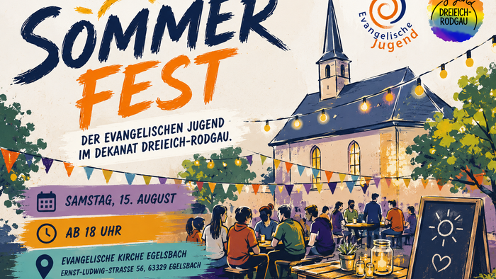 Illustriertes Plakat im handgezeichneten Aquarell- und Brushlettering-Stil für das „Sommerfest der Evangelischen Jugend im Dekanat Dreieich-Rodgau“. Vor einer stilisierten Kirche mit Lichterketten und bunten Wimpeln sitzen und stehen Jugendliche an langen