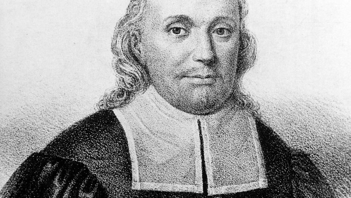Historisches Porträt eines Geistlichen in traditioneller kirchlicher Tracht, monochrom gezeichnet.