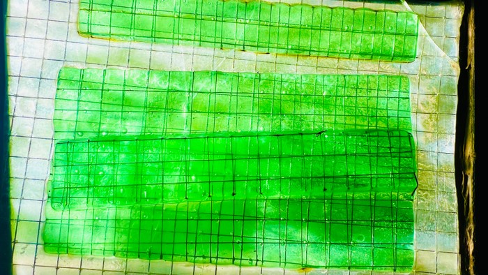 Ein grünes, durchsichtiges Material liegt auf einem Gitter.