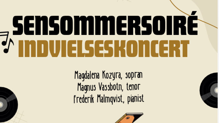 En koncertplakat til en sommeraftenrecital med optrædener af sopran, tenor og pianist den 16. september.