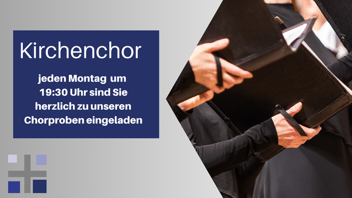 **Einladungsplakat für Kirchenchor-Proben jeden Montag um 19:30 Uhr mit einer Person, die Notenblätter hält.**