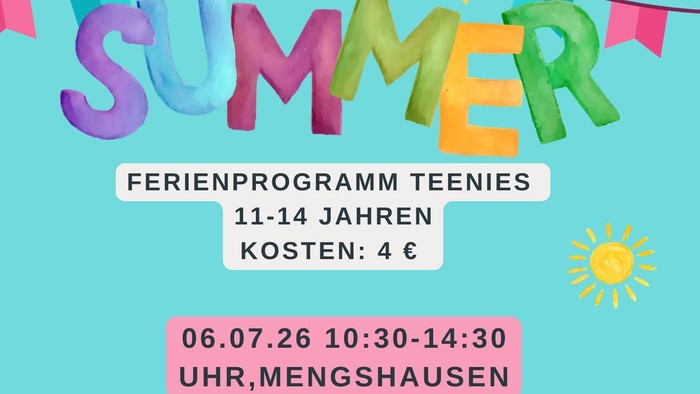 Ferienprogramm für Jugendliche im Sommer – Flyer mit Terminen, Orten, Kosten und Kontaktinformationen auf Deutsch.