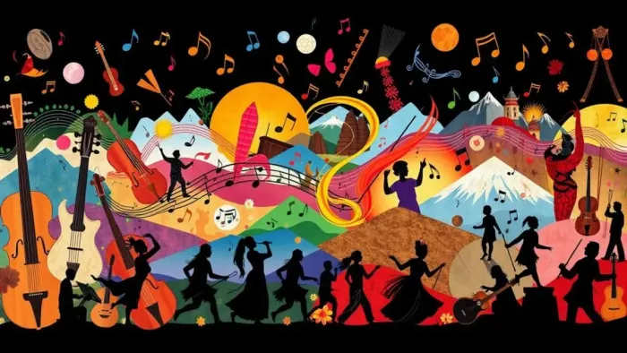 Illustration vibrante d'une célébration musicale joyeuse avec divers instruments et des personnages dansants sur un fond coloré.