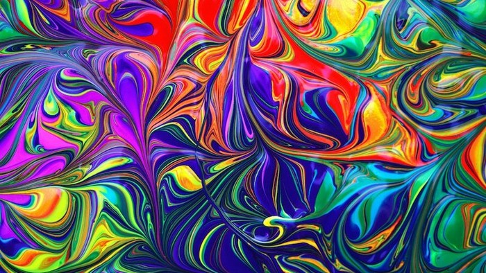 Lebendige, wirbelnde abstrakte Kunst mit dynamischen, mehrfarbigen Flüssigkeitsmustern, die einen faszinierenden visuellen Effekt erzeugen.