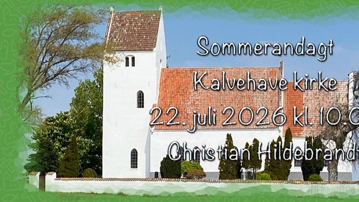 Invitationsbanner til en sommerkirkebegivenhed den 22. juli 2026 med en mand og en kirke.