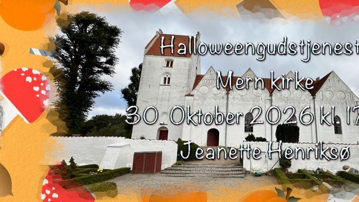 Halloween-gudstjeneste med et barn, en kirke og arrangementoplysninger den 30. oktober 2026.