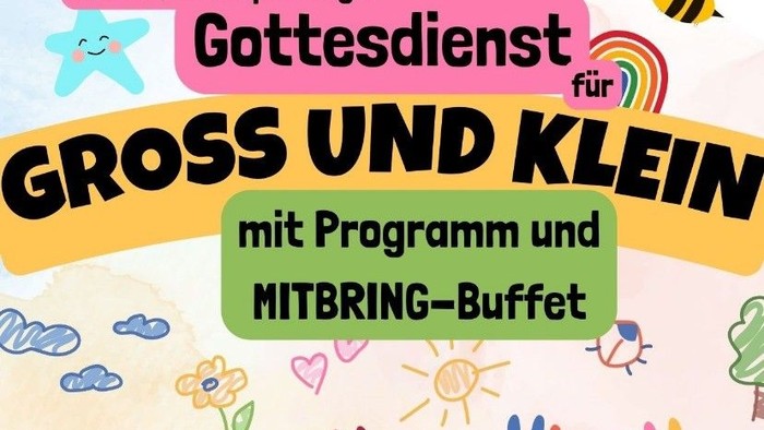 Das Bild zeigt ein religiöses Programm für Erwachsene und Kinder mit einem Frühstücksbuffet.