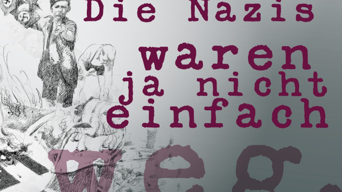 Schwarz-weiße, skizzenhafte Illustration mit Szenen nationalsozialistischer Gewalt und Propaganda. Im Zentrum sind brennende Bücher und Hakenkreuzsymbole angedeutet, im Hintergrund Figuren mit NS-Symbolik. Rechts steht in großer dunkelroter Schrift der Ti