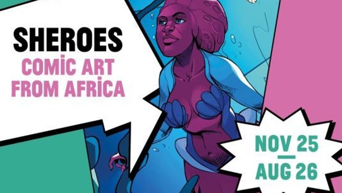 Grafik zur Ausstellung „Sheroes – Comic Art from Africa“. Im Zentrum steht eine comicartig gezeichnete weibliche Figur in kräftigen Blau-, Violett- und Rosatönen. Links befindet sich eine große weiße Sprechblase mit dem Ausstellungstitel „Sheroes – Comic 