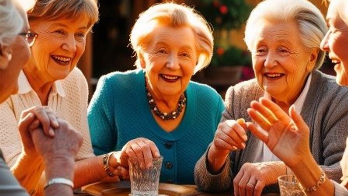 Vier fröhliche ältere Frauen genießen gemeinsam eine Mahlzeit im Freien und lachen herzlich an einem Tisch.