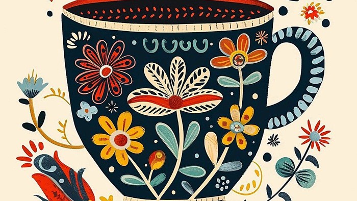 Bunter Tee-Becher mit Blumen und Vögeln, illustriert