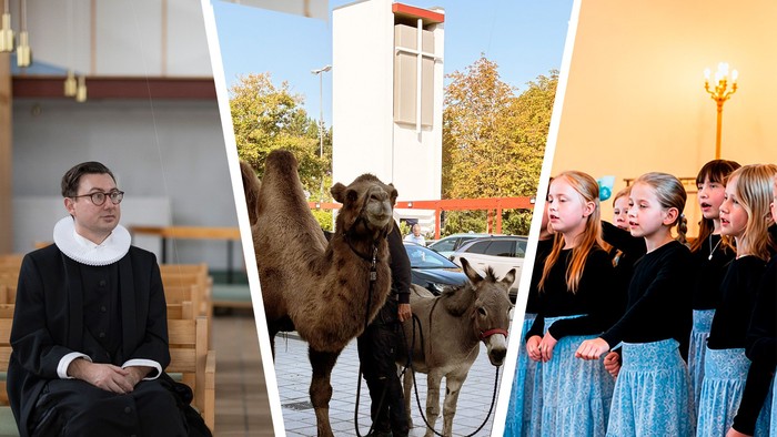 Kollage af en gejstlig, et kamel- og æselpar samt kvinder i traditionelt tøj, der synger udendørs.