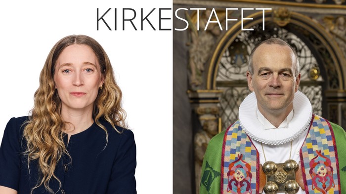 Reklamekollage til et kirke-tematiseret tv-program med værter og forskellige billeder af kirkearkitektur.
