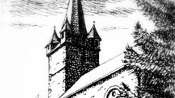 Skizze einer historischen Kirche mit hohem Kirchturm, umgeben von Grünflächen und Steinmauern.