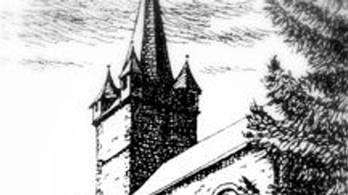 Skizze einer historischen Kirche mit hohem Kirchturm, umgeben von Grünflächen und Steinmauern.