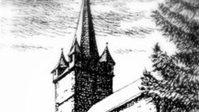 Skizze einer historischen Kirche mit hohem Kirchturm, umgeben von Grünflächen und Steinmauern.